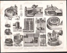 1870 Gravure originale mécanique hydraulique force turbine machines industrie