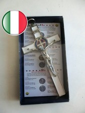 Crucifix Croix de st Benoît Argent Vernis Blanc CM 20 100% Fabriqué En Italy