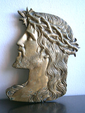 Visage Profil Christ Bronze doré décor Mural Sculpture Religieux Ancien