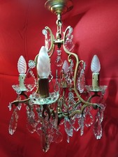 LUSTRE CAGE EN BRONZE PAMPILLES CRISTAL 4 FEUX DE LUMIERE
