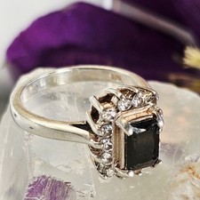 Bague Vintage Argent 925 Poinçonnée Sertie Onyx Taille Émeraude Taille 55