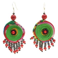 Boucles d'oreilles spirale coton VERT CLAIR pierre ROUGE bois attache ARGENT 925