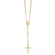 14k Jaune or Creux 3mm Diamant Coupe Perlé Crucifix Chapelet 24 " Collier