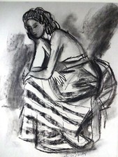 BERTHOMME ST-ANDRE - "LA ROBE A RAYURES" GRAND FUSAIN SOUS PASSE-PARTOUT - 1950