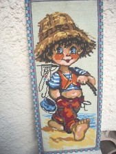 VINTAGE TABLEAU POULBOT 70's Joli Cadre Canevas fait main Garçon Pêcheur Mer 