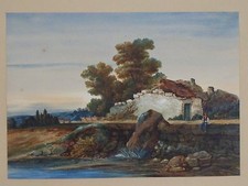 Ancien tableau peinture aquarelle maison bord de mer A IDENTIFIER