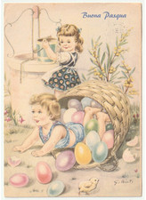 1959 Galbiati Enfants Panier D'Oeufs Colorés Poussin Carte Joyeuses Pâques