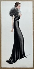 Dessin Aquarelle Art Déco Croquis Mode Portrait Femme Robe Noire Soirée 1930s