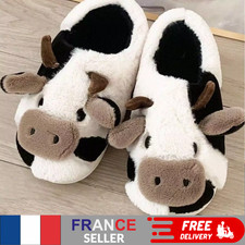 Pantoufles hiver femme homme adulte intérieur maison vache floue animaux