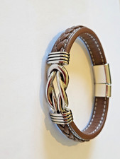 Bracelet Homme tresse Cuir marron fermoir aimant acier inoxydable 22.5 cm