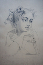 GRAND DESSIN AU CRAYON XIX PORTRAIT FEMME JEUNE FILLE COIFFE ECOLE FRANCAISE
