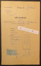 ● Collège COSNE 1e T. 1920-1921 Robert Gauthier décompte facture Académie Dijon