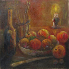 Vintage French Oil Painting Still Life Artist’s Studio Candle Fruits Signed