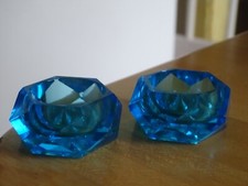 BACCARAT CRISTAL MOULER 2 ANCIENNES SALIERES MODELE DIAMANT BLEU LAGON 19 EME