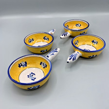 4 anciens poêlons / caquelons en céramique Forest-Bayonne – décor jaune & bleu 