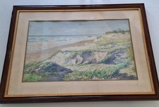 aquarelle paysage  bord de mer pays basque tableau  encadré signé F. DUMOULIN (X