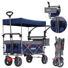 AREBOS Chariot de Jardin Pliant Premium avec toit Charrette à bras bleu/gris