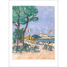 AIZPIRI Paul - Lithographie originale "Terrasse en bord de mer" 76x55cm