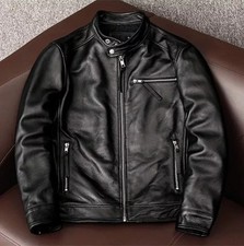 Blouson d'hiver motard en cuir véritable noir pour moto pour hommes