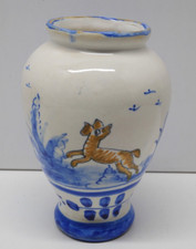-PETIT VASE ANCIEN TERRE CUITE EMAILLEE TALAVERA? non signé déco CHIEN JAUNE  D