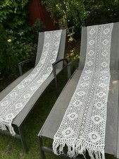 Grand double rideau beige ancien - Dentelle crochet/filet broderie avec franges 