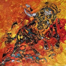 Peinture Toile Taureau Corrida Tauromachie Tableau Original Neuf 40x60 V.Linard