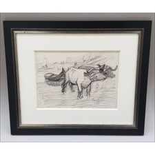 TOFFOLI Louis - Dessin original à l'encre "Chine, Bœufs tirant une barque" 26x35
