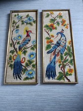 2 anciennes tapisserie canevas cadre doré oiseaux paon