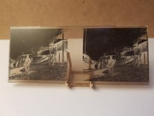 PLAQUE VERRE STEREO PHOTOGRAPHIE ORIGINALE 1904 MAISONS DE PECHEURS ET BATEAUX