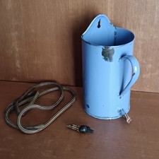 Ancien Broc À Lavement En Tôle Émaillée Bleu, Robinet Et Canule, Vintage