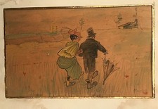 COUPLE AU PARAPLUIE AQUARELLE ET CRAYON DE COULEUR 