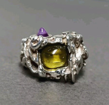Ancienne Bague Pierre Péridot Verts Améthyste Serti Sur Argent Massif T : 49.