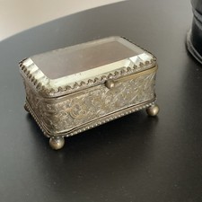 ANCIEN COFFRET MINIATURE NAPOLÉON 3 - BOITE À BIJOUX EN BRONZE ET VERRE BISEAUTÉ