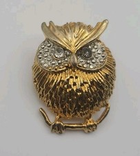 Bijou Vintage Broche Hibou Chouette Métal Doré - Strass  #B# A2
