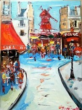 PARIS LE MOULIN ROUGE PIGALLE ART TABLEAU PEINTURE SIGNE JUMEAUX JEAN PIERRE