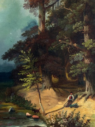 Tableau ancien paysage animé