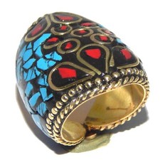 Bagues tibétaines turquoise/pierre de corail plaqué or fait main taille - 7,5...