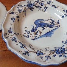 Set of 10 French antique ceramic soup plates, Ibis Bleu design