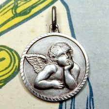Cherub, Putti, Baby. Antique Silver Sterling Pendant. French Large Medal.