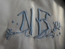 ANCIEN DRAP BLANC ROULOTTE BLEU MONOGRAMME MB 204 X 264 RIDEAU NAPPE DÉCORATION