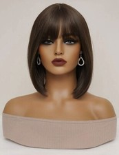 Perruque Brune Femme Coupe Courte Carré Synthétique Wig Lisses Marron +4 Bonnet