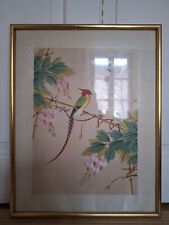 Peinture Sur Soie Asiatique, Oiseau Et Fleurs. Sous Cadre 47 X 36 Cm