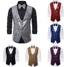 Gilet robe à paillettes bleu royal accrocheur col en V pour hommes coupe mince