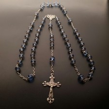 Grand chapelet ancien Perles facettées bleu topaze et argent Fin XIXe 70 cm