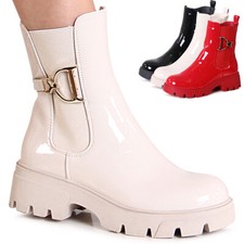 Bottes Chelsea En Vernis Pour Femmes À Talon Plat