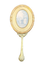 ANCIEN  MIROIR  FACE A MAIN EN BRONZE  Biseauté