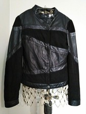 MAGNIFIQUE BLOUSON IKKS CUIR NOIR AGNEAU ET CHEVRE BANDE ARGENT FONÇÉ DAIM