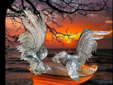 Paire Inhabituelle - 2 Coqs Sculpture en Métal Argenté - 1930 - Excellent Etat