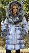 REAL NEW MINK FUR COAT JACKET BLACK WHITE WITH FOX HOOD , SABLE CHINCHILLA