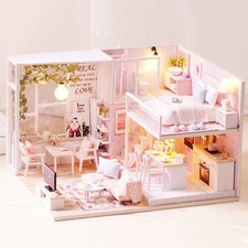 Wooded 1/24 Miniature Dollhouse LED Light Furniture Doll House Kit DIY Adult